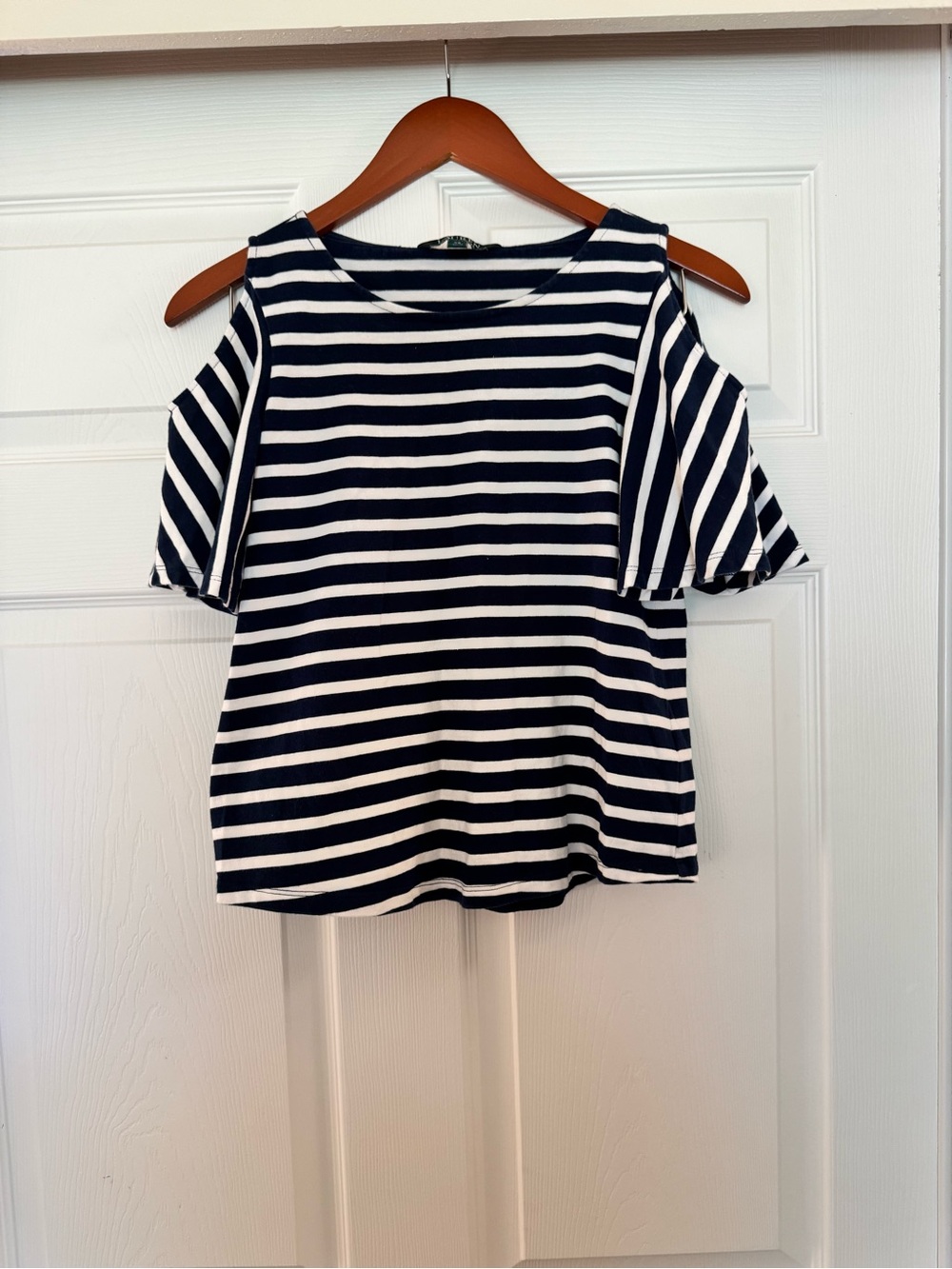 Lauren Ralph Lauren Navy White Striped Cold Shoulder Top XS